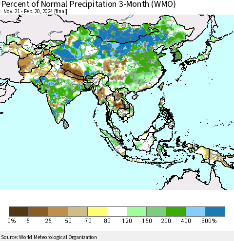 Asia Percent of Normal Precipitation 3-Month (WMO) Thematic Map For 11/21/2023 - 2/20/2024