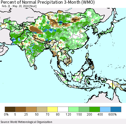 Asia Percent of Normal Precipitation 3-Month (WMO) Thematic Map For 2/21/2024 - 5/20/2024