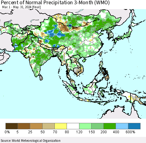 Asia Percent of Normal Precipitation 3-Month (WMO) Thematic Map For 3/1/2024 - 5/31/2024