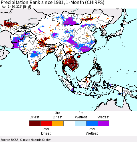 Asia Precipitation Rank since 1981, 1-Month (CHIRPS) Thematic Map For 4/1/2024 - 4/30/2024