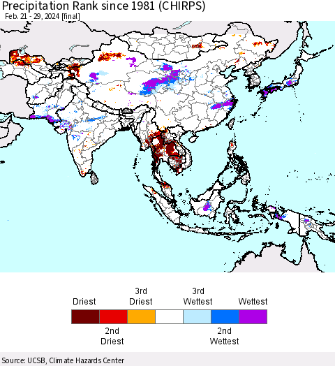 Asia Precipitation Rank since 1981 (CHIRPS) Thematic Map For 2/21/2024 - 2/29/2024