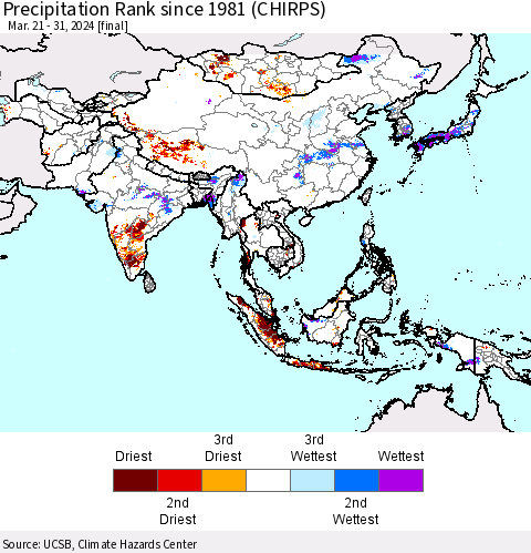 Asia Precipitation Rank since 1981 (CHIRPS) Thematic Map For 3/21/2024 - 3/31/2024