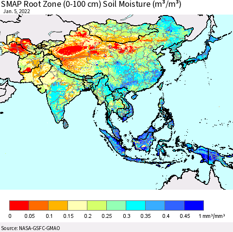 Asia SMAP Root Zone (0-100 cm) Soil Moisture (m³/m³) Thematic Map For 1/1/2022 - 1/5/2022
