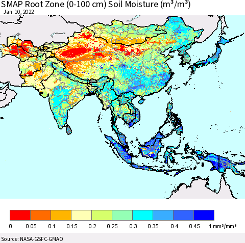 Asia SMAP Root Zone (0-100 cm) Soil Moisture (m³/m³) Thematic Map For 1/6/2022 - 1/10/2022