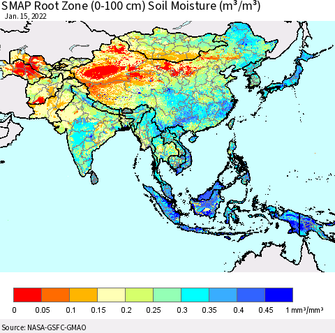 Asia SMAP Root Zone (0-100 cm) Soil Moisture (m³/m³) Thematic Map For 1/11/2022 - 1/15/2022
