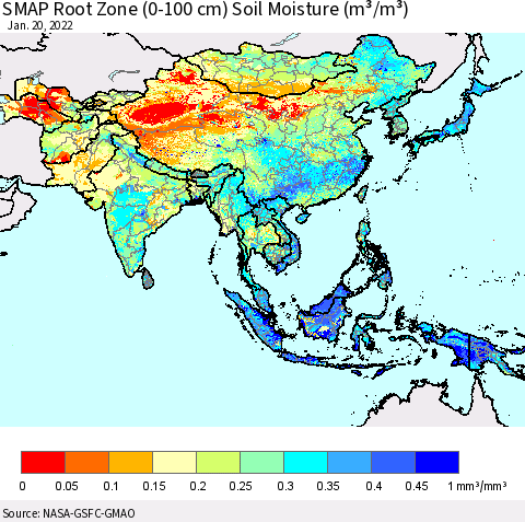 Asia SMAP Root Zone (0-100 cm) Soil Moisture (m³/m³) Thematic Map For 1/16/2022 - 1/20/2022