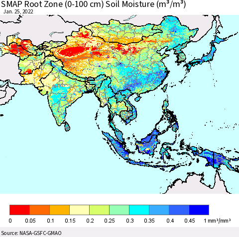 Asia SMAP Root Zone (0-100 cm) Soil Moisture (m³/m³) Thematic Map For 1/21/2022 - 1/25/2022