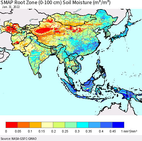 Asia SMAP Root Zone (0-100 cm) Soil Moisture (m³/m³) Thematic Map For 1/26/2022 - 1/31/2022