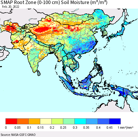 Asia SMAP Root Zone (0-100 cm) Soil Moisture (m³/m³) Thematic Map For 2/16/2022 - 2/20/2022