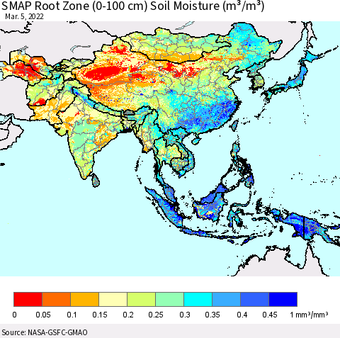 Asia SMAP Root Zone (0-100 cm) Soil Moisture (m³/m³) Thematic Map For 3/1/2022 - 3/5/2022