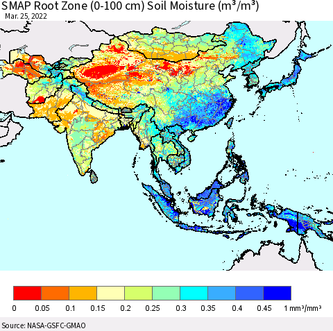 Asia SMAP Root Zone (0-100 cm) Soil Moisture (m³/m³) Thematic Map For 3/21/2022 - 3/25/2022