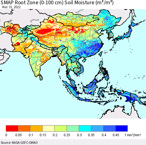 Asia SMAP Root Zone (0-100 cm) Soil Moisture (m³/m³) Thematic Map For 3/26/2022 - 3/31/2022