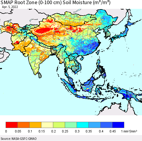 Asia SMAP Root Zone (0-100 cm) Soil Moisture (m³/m³) Thematic Map For 4/1/2022 - 4/5/2022