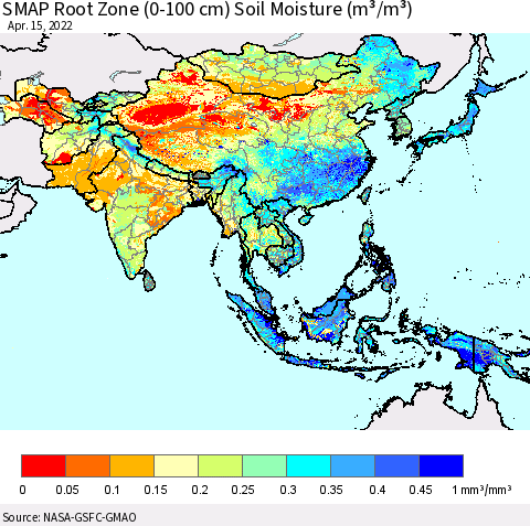 Asia SMAP Root Zone (0-100 cm) Soil Moisture (m³/m³) Thematic Map For 4/11/2022 - 4/15/2022