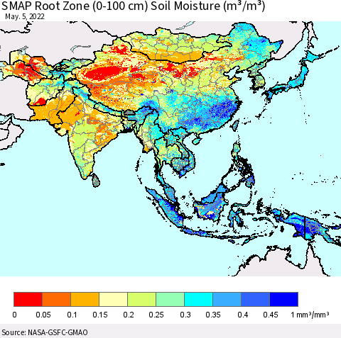 Asia SMAP Root Zone (0-100 cm) Soil Moisture (m³/m³) Thematic Map For 5/1/2022 - 5/5/2022