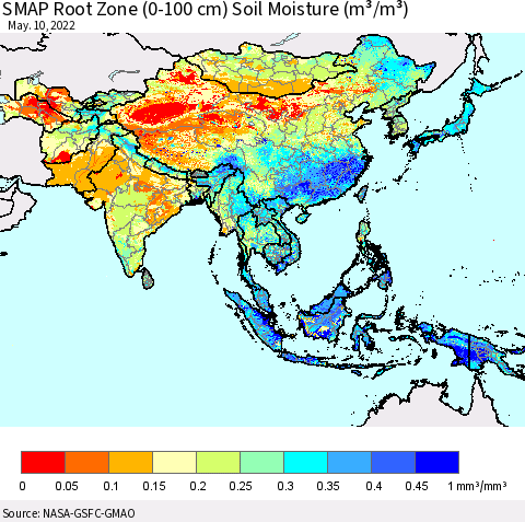 Asia SMAP Root Zone (0-100 cm) Soil Moisture (m³/m³) Thematic Map For 5/6/2022 - 5/10/2022