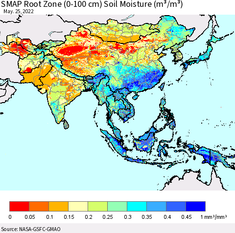 Asia SMAP Root Zone (0-100 cm) Soil Moisture (m³/m³) Thematic Map For 5/21/2022 - 5/25/2022