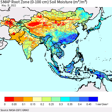 Asia SMAP Root Zone (0-100 cm) Soil Moisture (m³/m³) Thematic Map For 5/26/2022 - 5/31/2022