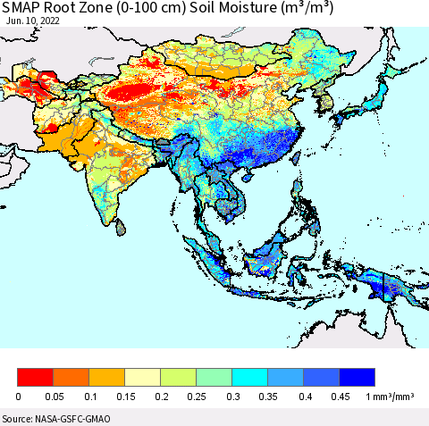 Asia SMAP Root Zone (0-100 cm) Soil Moisture (m³/m³) Thematic Map For 6/6/2022 - 6/10/2022