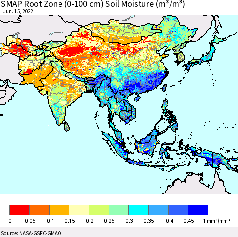 Asia SMAP Root Zone (0-100 cm) Soil Moisture (m³/m³) Thematic Map For 6/11/2022 - 6/15/2022