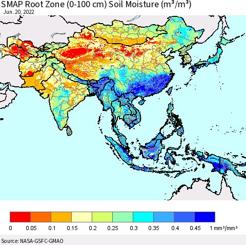 Asia SMAP Root Zone (0-100 cm) Soil Moisture (m³/m³) Thematic Map For 6/16/2022 - 6/20/2022