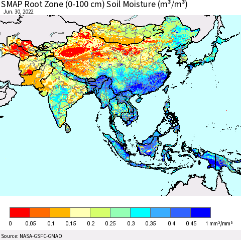 Asia SMAP Root Zone (0-100 cm) Soil Moisture (m³/m³) Thematic Map For 6/26/2022 - 6/30/2022