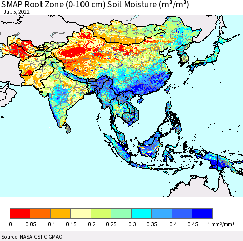 Asia SMAP Root Zone (0-100 cm) Soil Moisture (m³/m³) Thematic Map For 7/1/2022 - 7/5/2022
