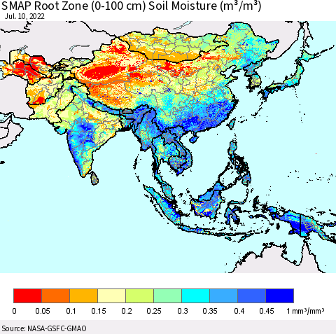 Asia SMAP Root Zone (0-100 cm) Soil Moisture (m³/m³) Thematic Map For 7/6/2022 - 7/10/2022