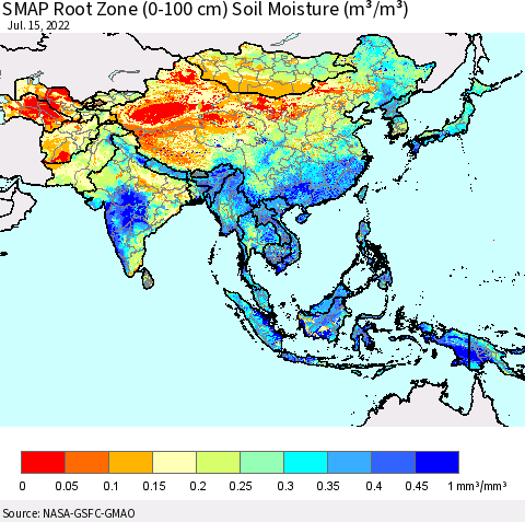 Asia SMAP Root Zone (0-100 cm) Soil Moisture (m³/m³) Thematic Map For 7/11/2022 - 7/15/2022