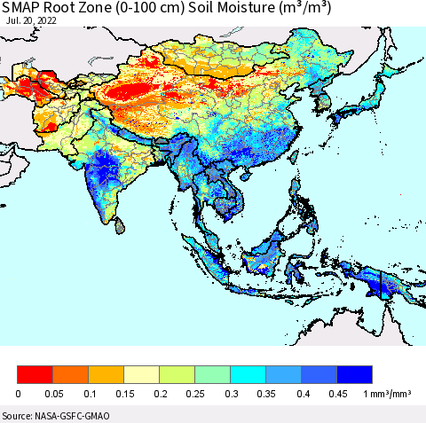 Asia SMAP Root Zone (0-100 cm) Soil Moisture (m³/m³) Thematic Map For 7/16/2022 - 7/20/2022