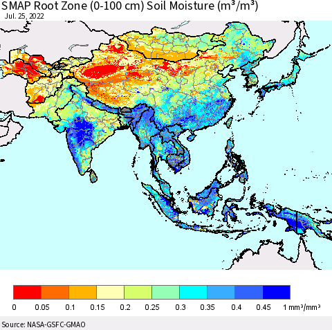 Asia SMAP Root Zone (0-100 cm) Soil Moisture (m³/m³) Thematic Map For 7/21/2022 - 7/25/2022