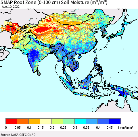 Asia SMAP Root Zone (0-100 cm) Soil Moisture (m³/m³) Thematic Map For 8/6/2022 - 8/10/2022