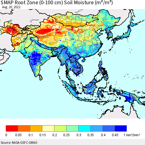 Asia SMAP Root Zone (0-100 cm) Soil Moisture (m³/m³) Thematic Map For 8/16/2022 - 8/20/2022