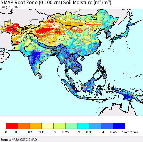 Asia SMAP Root Zone (0-100 cm) Soil Moisture (m³/m³) Thematic Map For 8/26/2022 - 8/31/2022