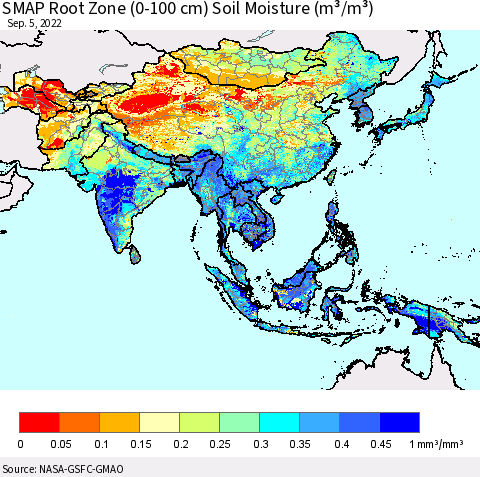 Asia SMAP Root Zone (0-100 cm) Soil Moisture (m³/m³) Thematic Map For 9/1/2022 - 9/5/2022