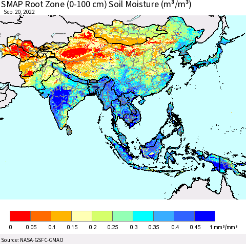 Asia SMAP Root Zone (0-100 cm) Soil Moisture (m³/m³) Thematic Map For 9/16/2022 - 9/20/2022