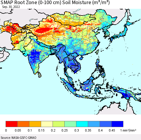 Asia SMAP Root Zone (0-100 cm) Soil Moisture (m³/m³) Thematic Map For 9/26/2022 - 9/30/2022