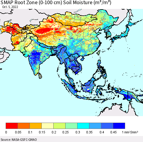 Asia SMAP Root Zone (0-100 cm) Soil Moisture (m³/m³) Thematic Map For 10/1/2022 - 10/5/2022
