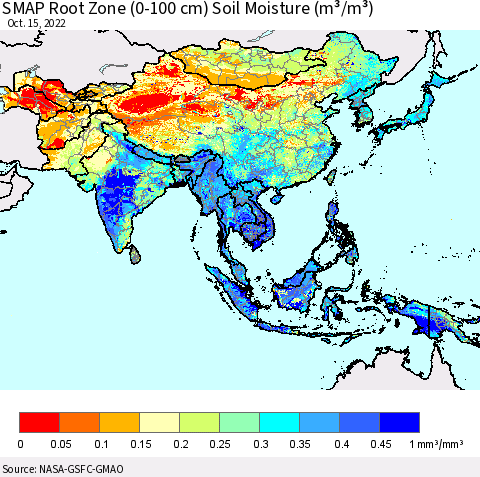 Asia SMAP Root Zone (0-100 cm) Soil Moisture (m³/m³) Thematic Map For 10/11/2022 - 10/15/2022