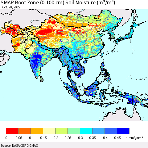Asia SMAP Root Zone (0-100 cm) Soil Moisture (m³/m³) Thematic Map For 10/16/2022 - 10/20/2022