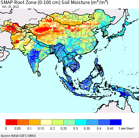 Asia SMAP Root Zone (0-100 cm) Soil Moisture (m³/m³) Thematic Map For 10/21/2022 - 10/25/2022