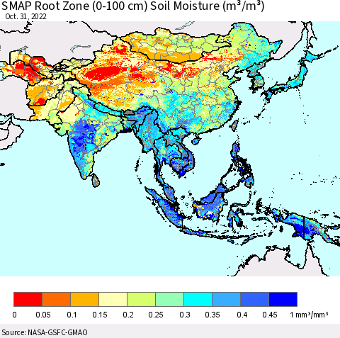 Asia SMAP Root Zone (0-100 cm) Soil Moisture (m³/m³) Thematic Map For 10/26/2022 - 10/31/2022