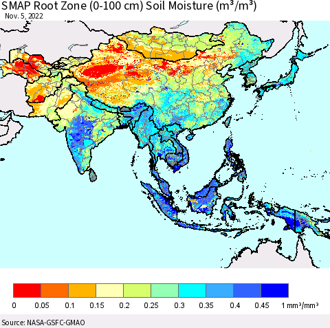 Asia SMAP Root Zone (0-100 cm) Soil Moisture (m³/m³) Thematic Map For 11/1/2022 - 11/5/2022
