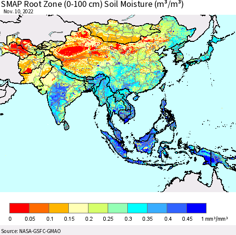 Asia SMAP Root Zone (0-100 cm) Soil Moisture (m³/m³) Thematic Map For 11/6/2022 - 11/10/2022