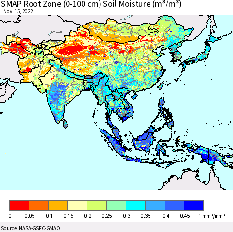 Asia SMAP Root Zone (0-100 cm) Soil Moisture (m³/m³) Thematic Map For 11/11/2022 - 11/15/2022