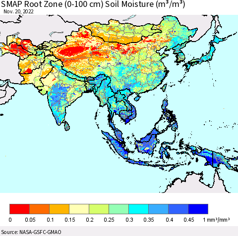 Asia SMAP Root Zone (0-100 cm) Soil Moisture (m³/m³) Thematic Map For 11/16/2022 - 11/20/2022