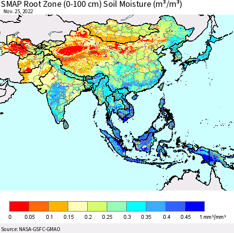Asia SMAP Root Zone (0-100 cm) Soil Moisture (m³/m³) Thematic Map For 11/21/2022 - 11/25/2022