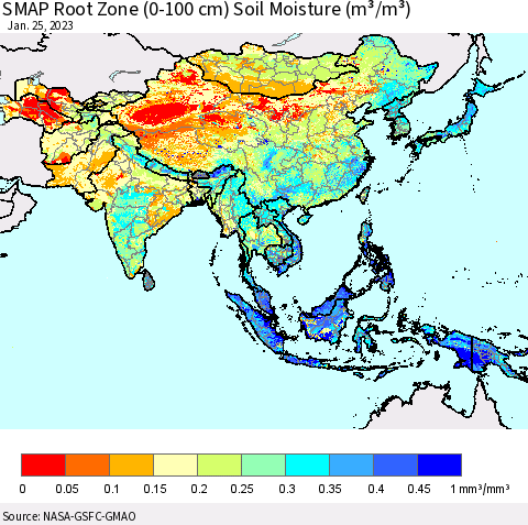 Asia SMAP Root Zone (0-100 cm) Soil Moisture (m³/m³) Thematic Map For 1/21/2023 - 1/25/2023