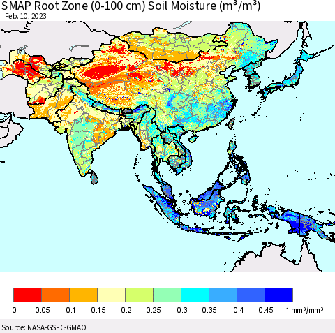 Asia SMAP Root Zone (0-100 cm) Soil Moisture (m³/m³) Thematic Map For 2/6/2023 - 2/10/2023