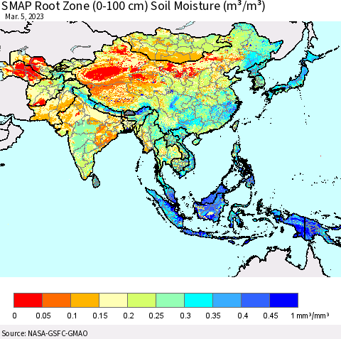 Asia SMAP Root Zone (0-100 cm) Soil Moisture (m³/m³) Thematic Map For 3/1/2023 - 3/5/2023